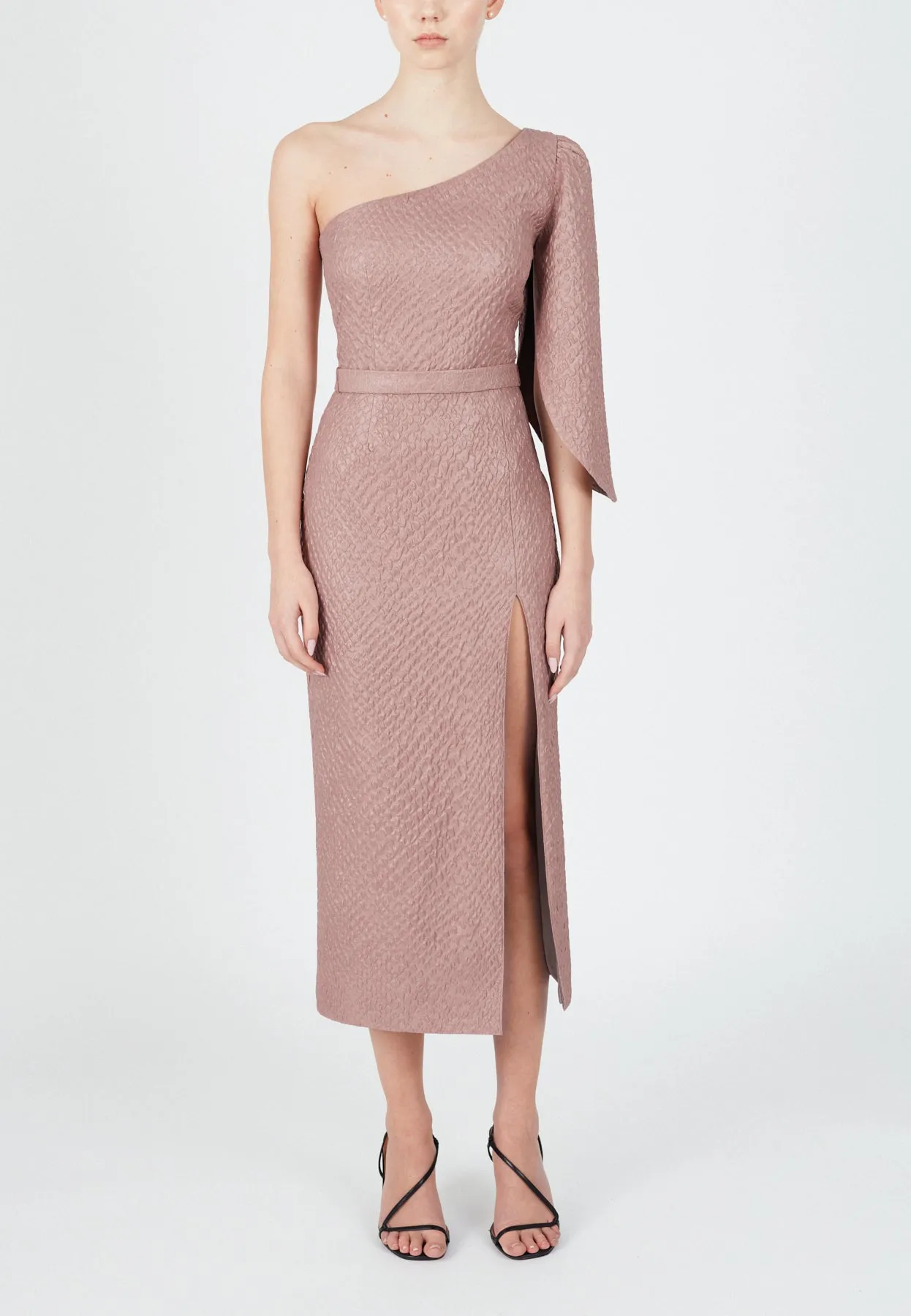 NITA one shoulder asymmetric pink midi dress