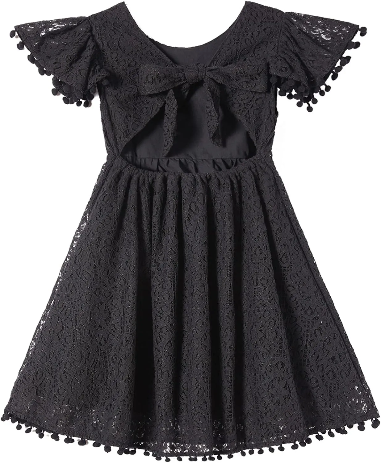 Niyage Backless Toddler Dress Open Back Girls Lace Bow Tie-Back Pom Pom Flutter Sleeves Party Princess Dresses
