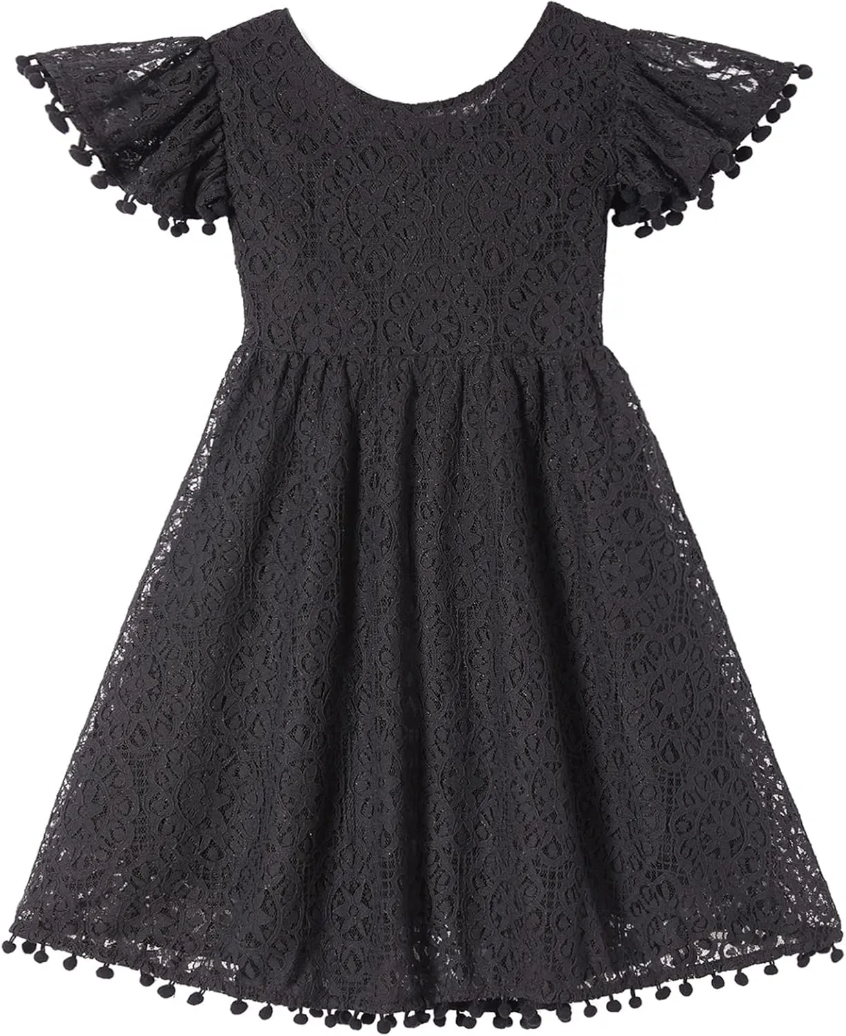 Niyage Backless Toddler Dress Open Back Girls Lace Bow Tie-Back Pom Pom Flutter Sleeves Party Princess Dresses