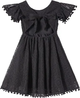 Niyage Backless Toddler Dress Open Back Girls Lace Bow Tie-Back Pom Pom Flutter Sleeves Party Princess Dresses
