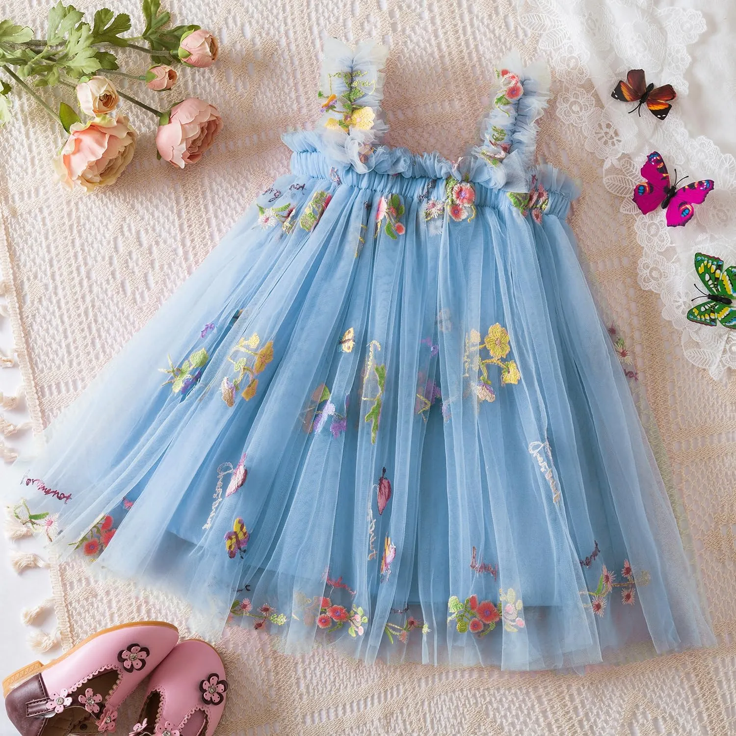 NNJXD Baby Girl Tulle Dress Casual Flower Embroidery Toddler Dresses