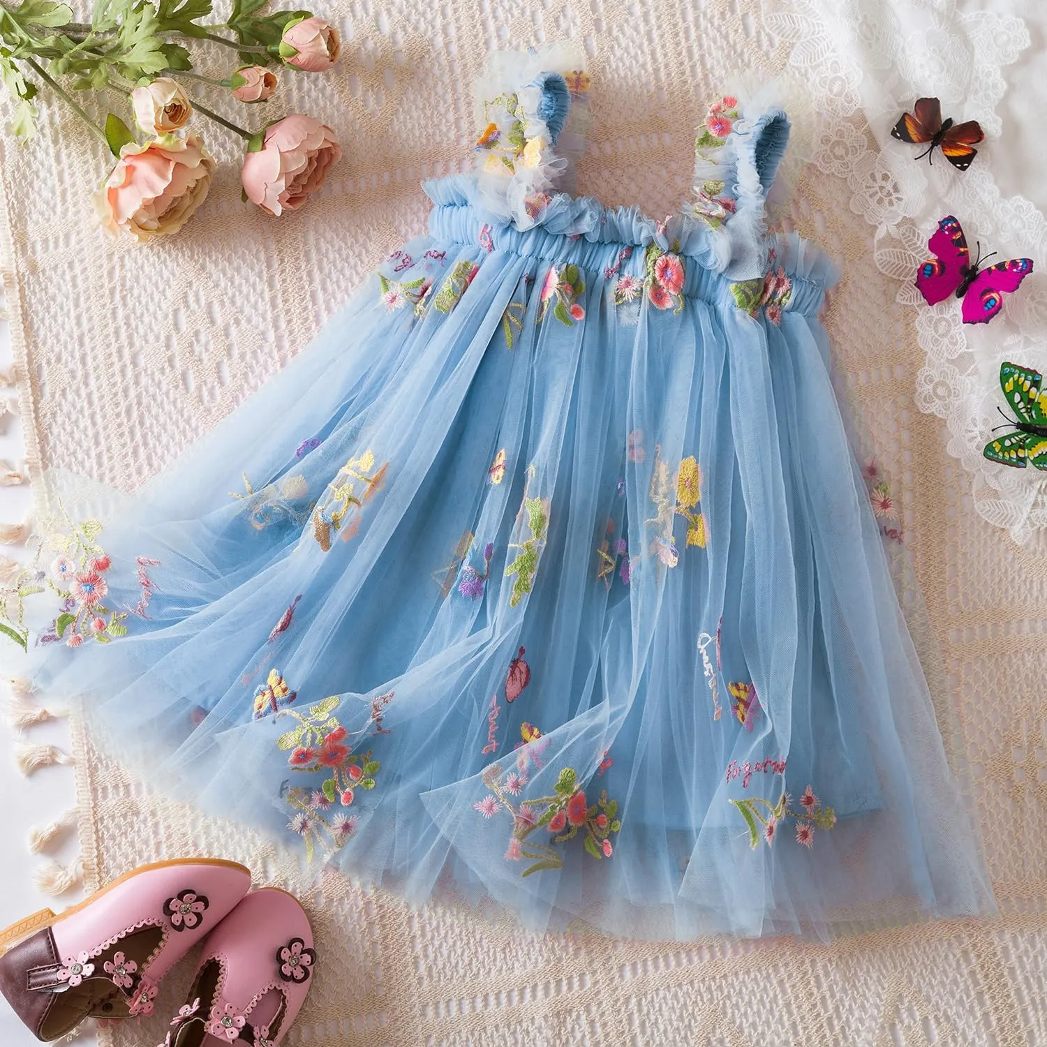 NNJXD Baby Girl Tulle Dress Casual Flower Embroidery Toddler Dresses