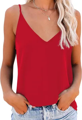 OMSJ Women's Spaghetti Strap Tank Tops V Neck Sleeveless Summer Loose Fit Shirts