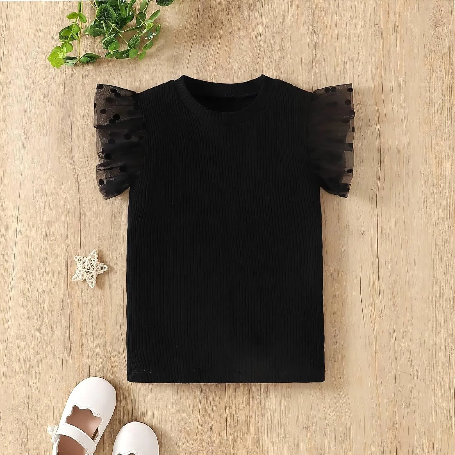 OPAWO Toddler Girl Shirts, Puff Dot Sleeve Baby Tee Shirt, Ribbed Short Sleeve T-Shirt, Solid Color Girls Tshirt Tops, 12M-7Y