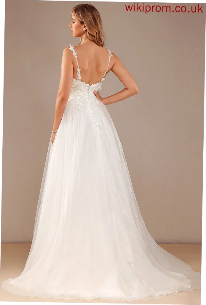 Organza Front Wedding With Lace Split Dress Meadow Ball-Gown/Princess Train V-neck Lace Wedding Dresses Court