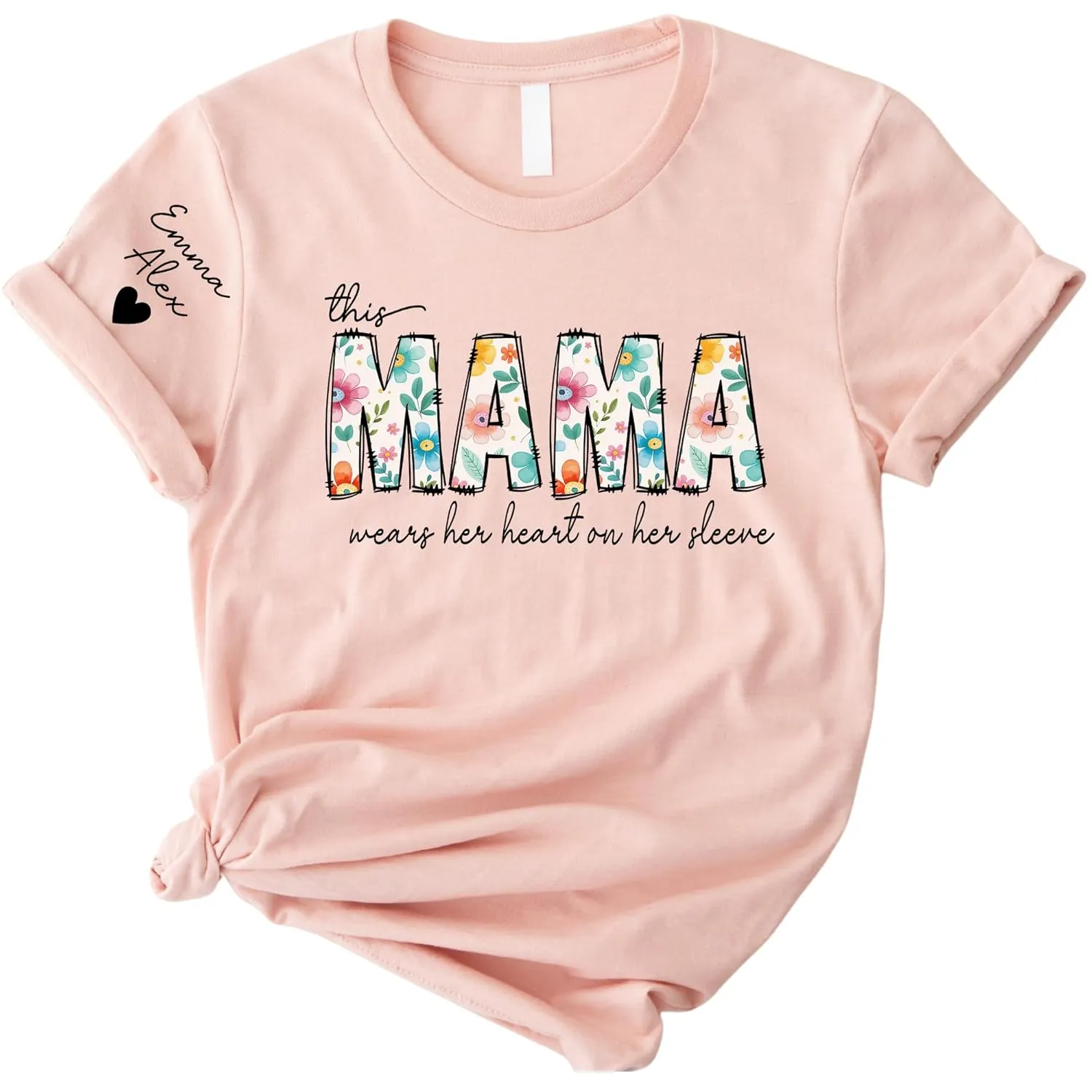 Personalized Mama Shirts for Women Custom Mom Shirt with Kids Names on Sleeve This Mama Wears Her Heart on Her Sleeve Mothers Day Gifts for Mom T-Shirt Mom Birthday Gifts for Women