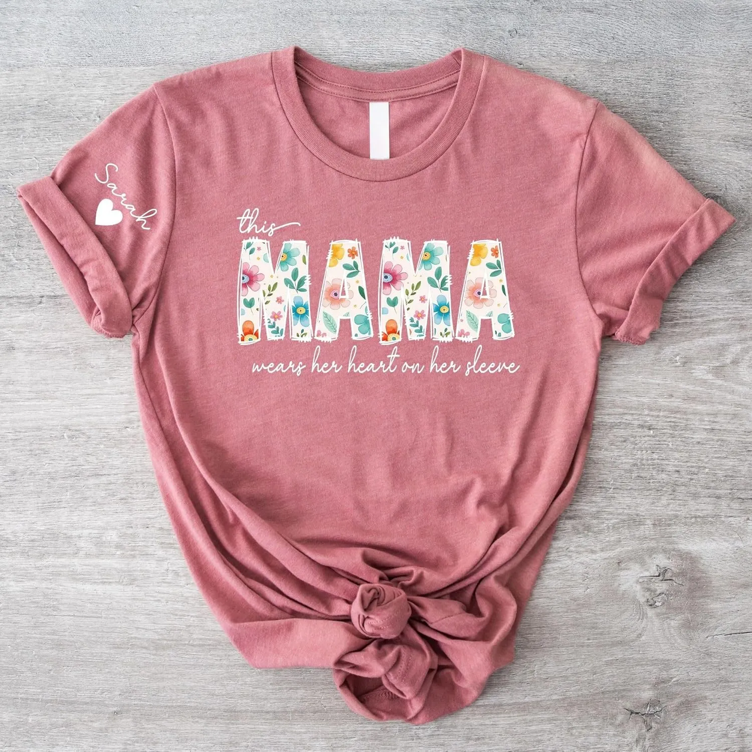 Personalized Mama Shirts for Women Custom Mom Shirt with Kids Names on Sleeve This Mama Wears Her Heart on Her Sleeve Mothers Day Gifts for Mom T-Shirt Mom Birthday Gifts for Women