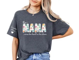 Personalized Mama Shirts for Women Custom Mom Shirt with Kids Names on Sleeve This Mama Wears Her Heart on Her Sleeve Mothers Day Gifts for Mom T-Shirt Mom Birthday Gifts for Women