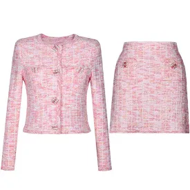 Pink Knit Top Short Skirt Suit Button-Up Cardigan Jacket   Mini Skirt Set