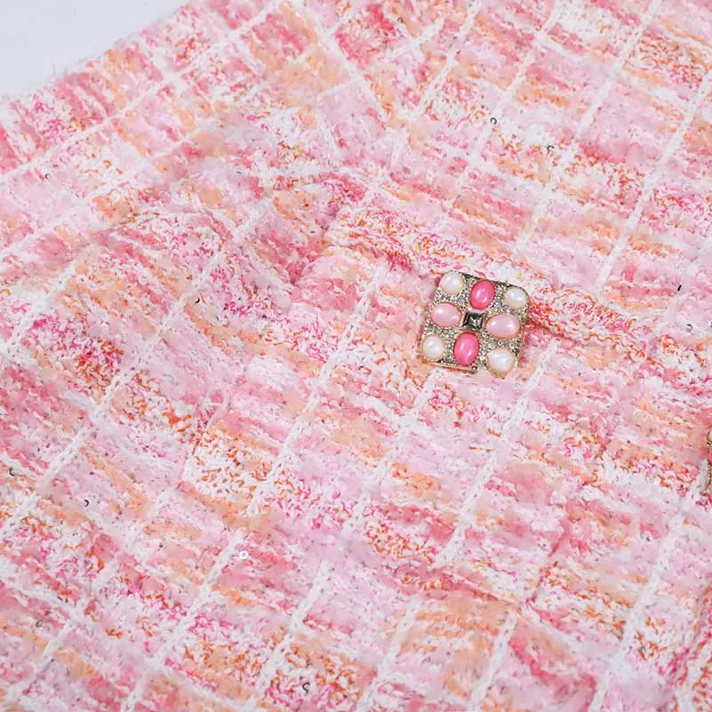 Pink Knit Top Short Skirt Suit Button-Up Cardigan Jacket   Mini Skirt Set