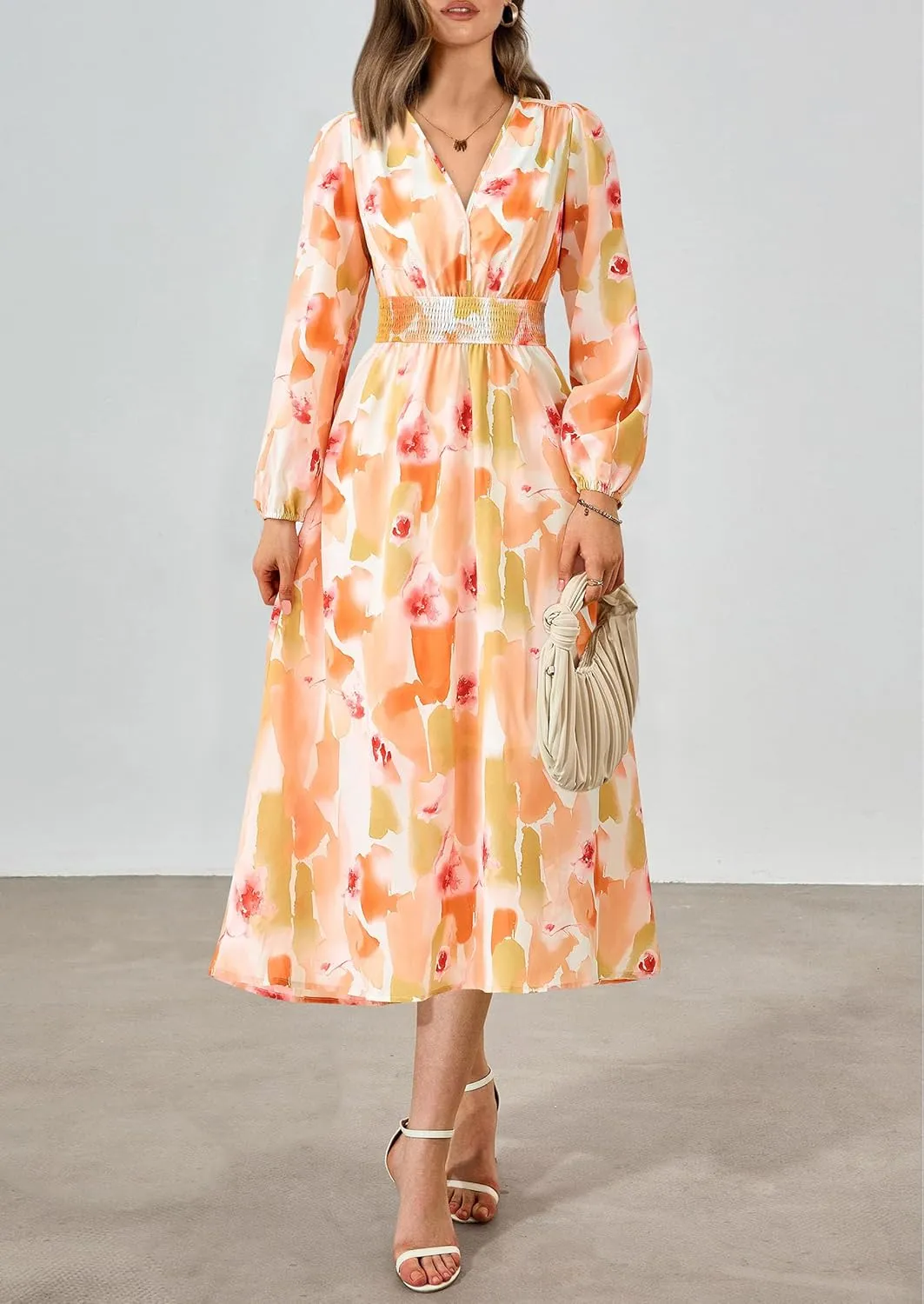 PRETTYGARDEN Women's Spring Floral Midi Dress Fall Long Sleeve V Neck Flowy Casual Beach Vacation Wedding Guest Dresses