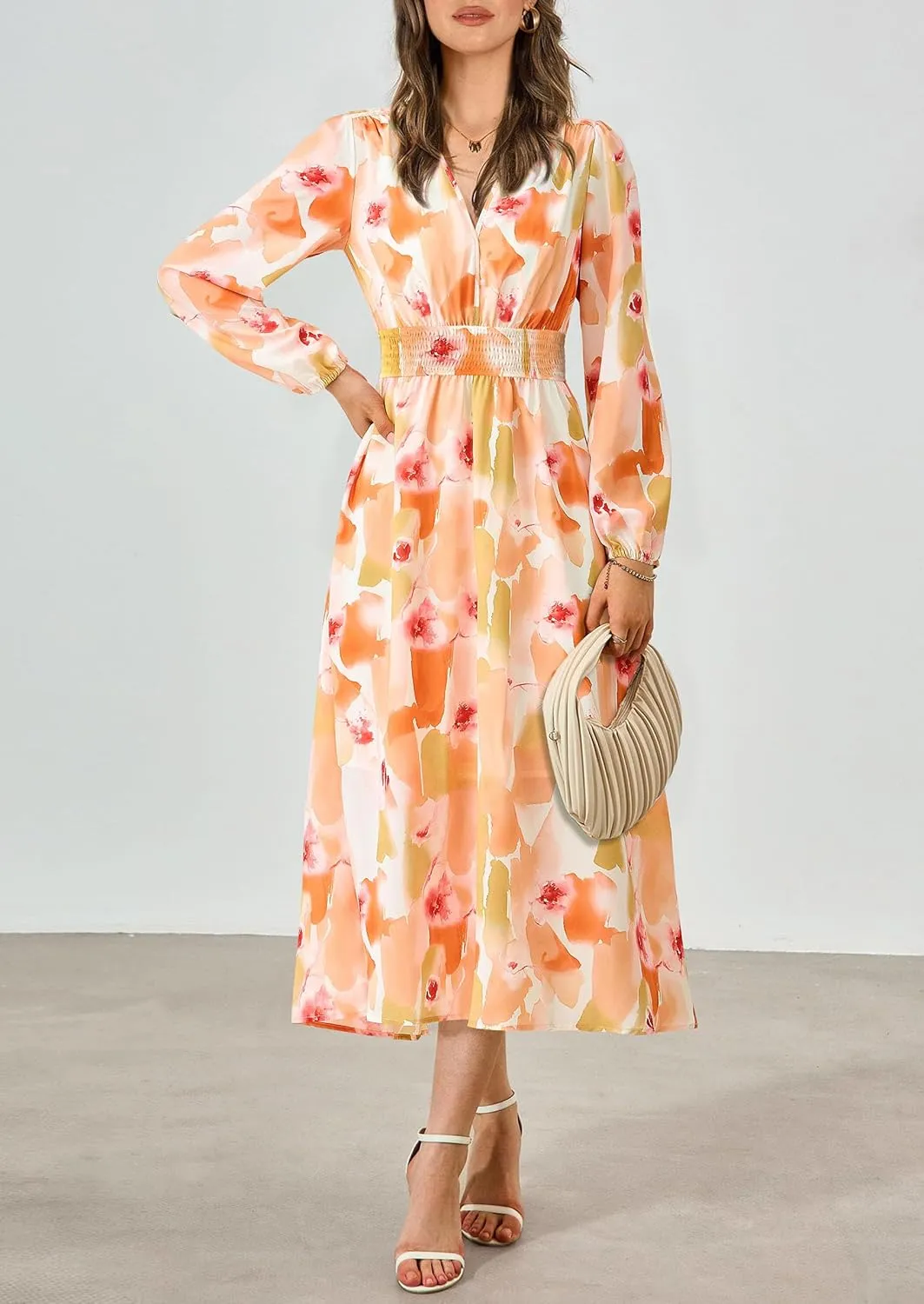 PRETTYGARDEN Women's Spring Floral Midi Dress Fall Long Sleeve V Neck Flowy Casual Beach Vacation Wedding Guest Dresses