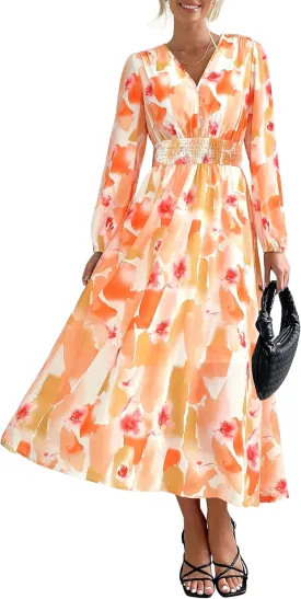 PRETTYGARDEN Women's Spring Floral Midi Dress Fall Long Sleeve V Neck Flowy Casual Beach Vacation Wedding Guest Dresses