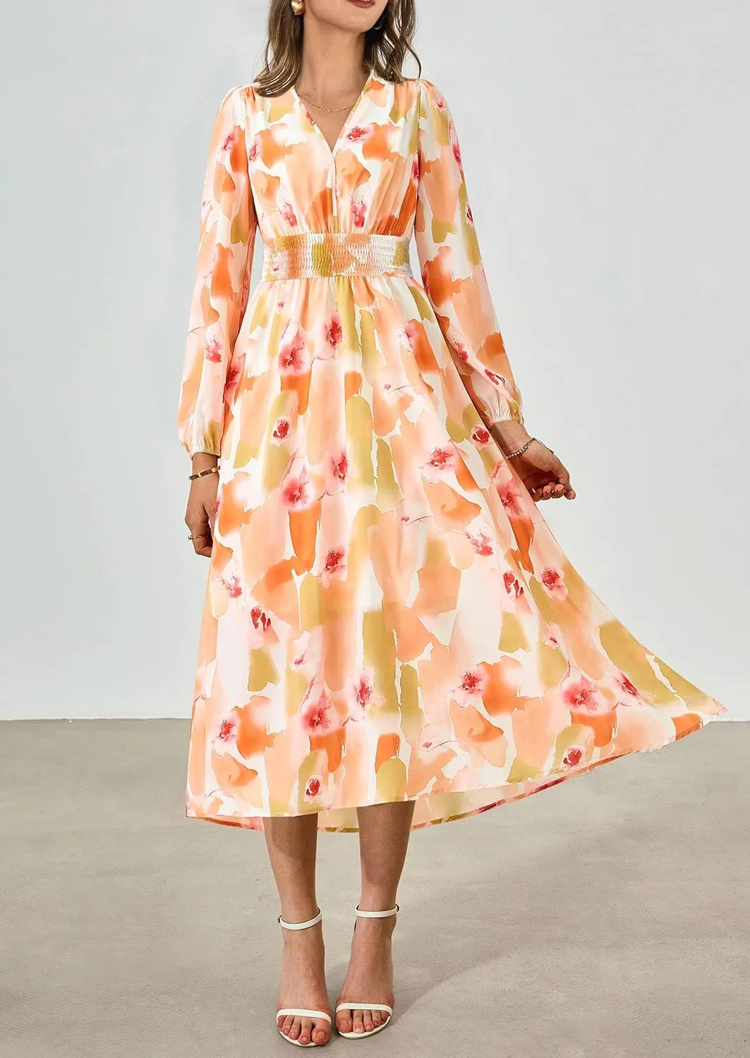 PRETTYGARDEN Women's Spring Floral Midi Dress Fall Long Sleeve V Neck Flowy Casual Beach Vacation Wedding Guest Dresses