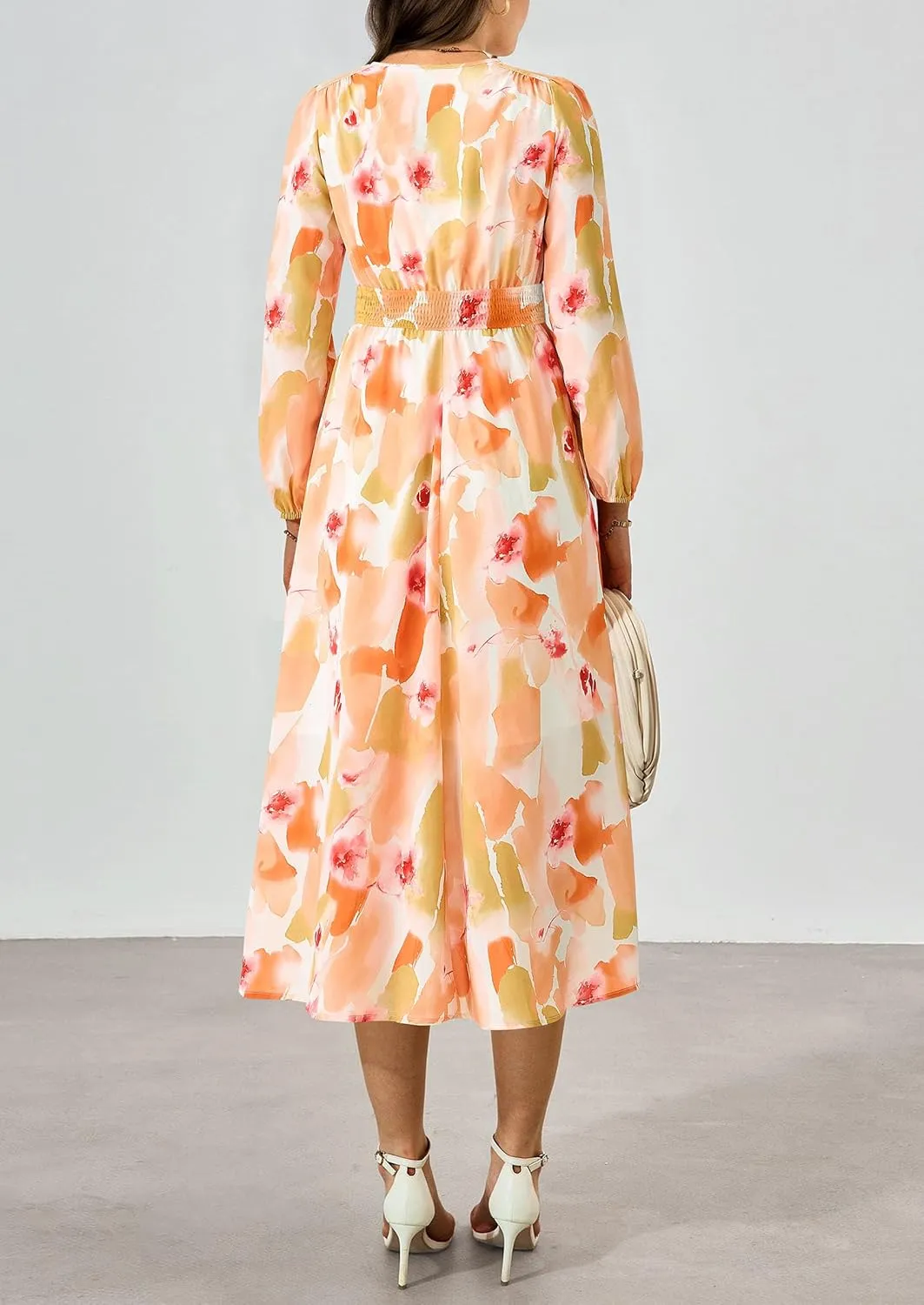 PRETTYGARDEN Women's Spring Floral Midi Dress Fall Long Sleeve V Neck Flowy Casual Beach Vacation Wedding Guest Dresses