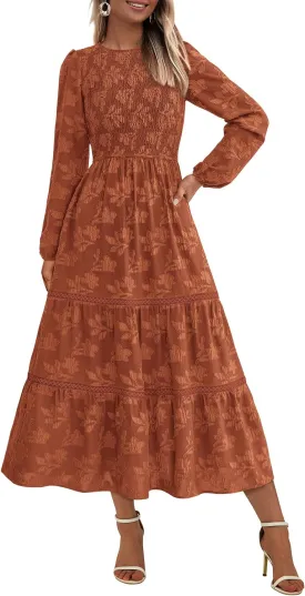 PRETTYGARDEN Women's Spring Midi Dress Fall Elegant Long Sleeve Smocked Flowy Boho Floral Wedding Guest Party Dresses
