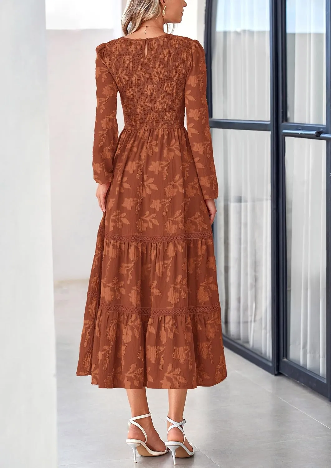 PRETTYGARDEN Women's Spring Midi Dress Fall Elegant Long Sleeve Smocked Flowy Boho Floral Wedding Guest Party Dresses