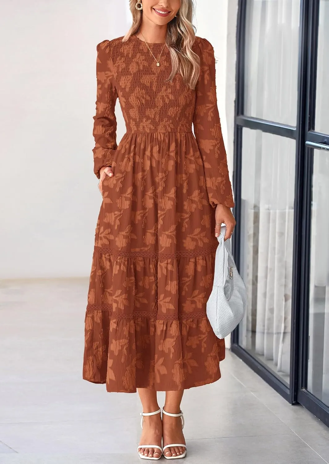 PRETTYGARDEN Women's Spring Midi Dress Fall Elegant Long Sleeve Smocked Flowy Boho Floral Wedding Guest Party Dresses