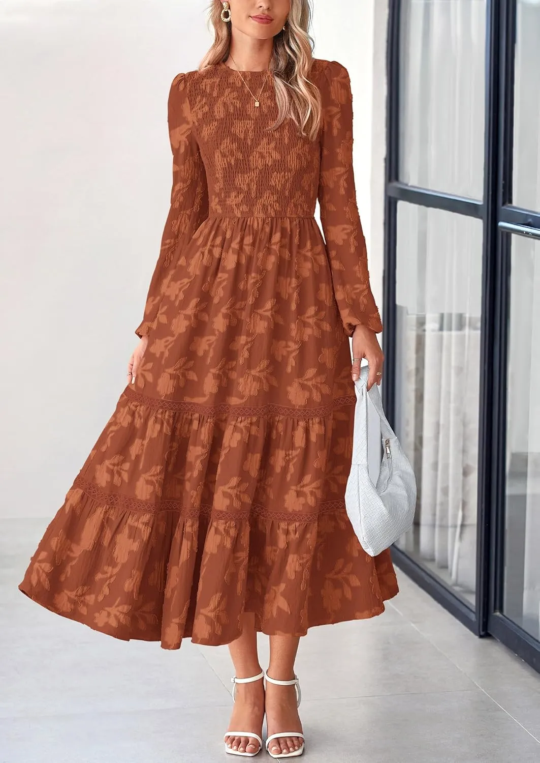 PRETTYGARDEN Women's Spring Midi Dress Fall Elegant Long Sleeve Smocked Flowy Boho Floral Wedding Guest Party Dresses
