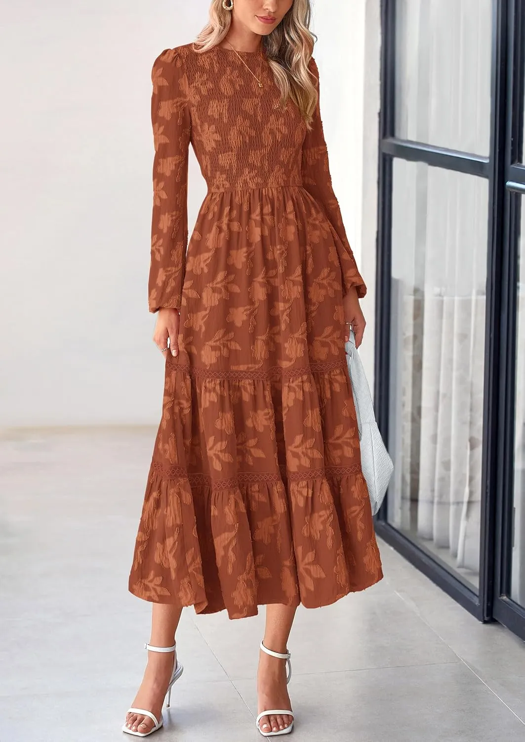 PRETTYGARDEN Women's Spring Midi Dress Fall Elegant Long Sleeve Smocked Flowy Boho Floral Wedding Guest Party Dresses