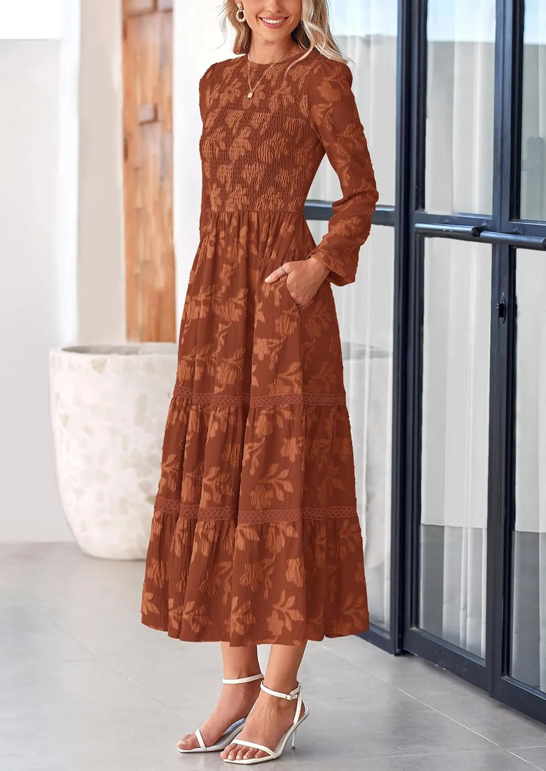 PRETTYGARDEN Women's Spring Midi Dress Fall Elegant Long Sleeve Smocked Flowy Boho Floral Wedding Guest Party Dresses