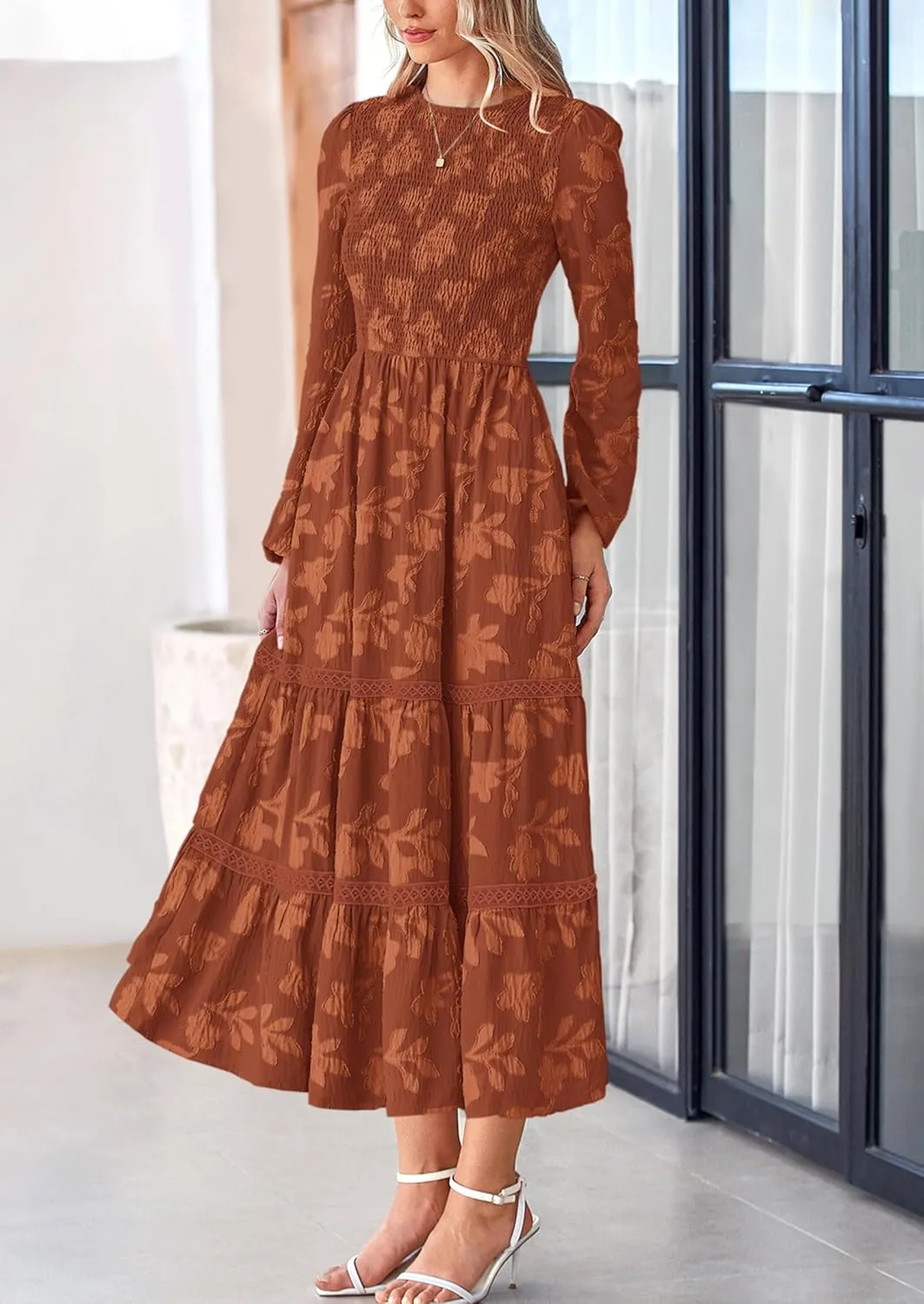 PRETTYGARDEN Women's Spring Midi Dress Fall Elegant Long Sleeve Smocked Flowy Boho Floral Wedding Guest Party Dresses