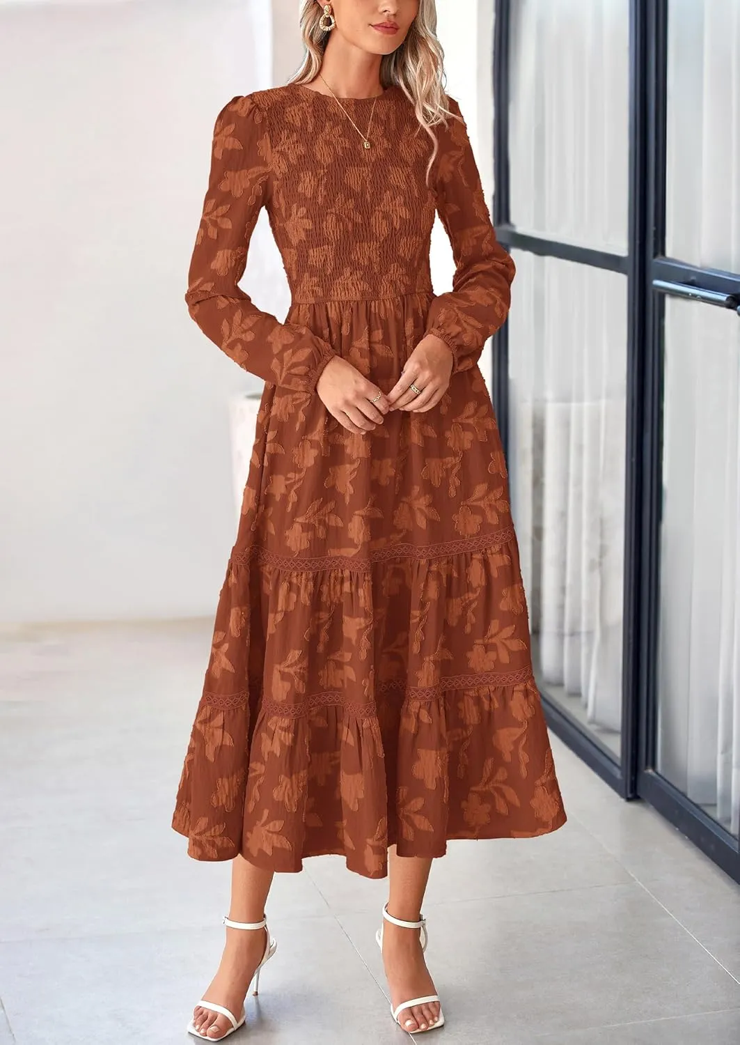 PRETTYGARDEN Women's Spring Midi Dress Fall Elegant Long Sleeve Smocked Flowy Boho Floral Wedding Guest Party Dresses