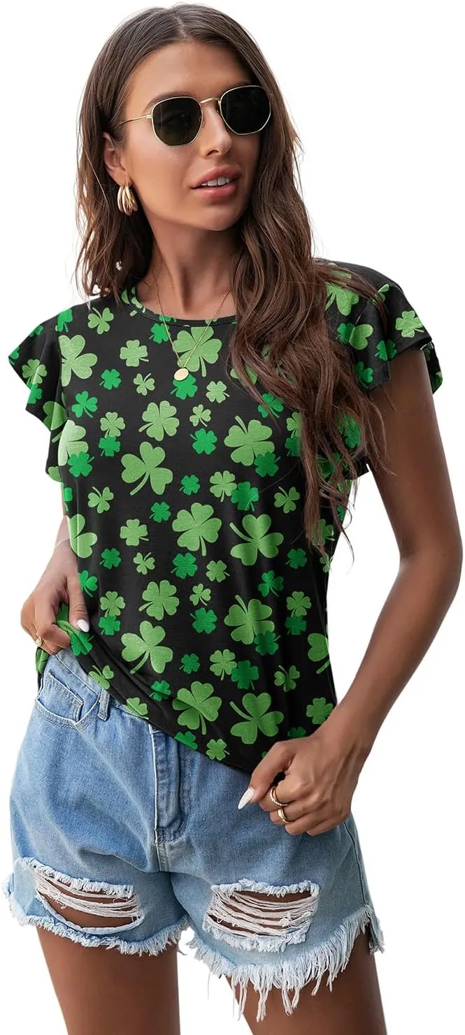PrinStory Women's Tops Summer Casual Ruffle Short Sleeves Knit Shirts Round Neck Tunic Top For Women 2024 Fashion Trend