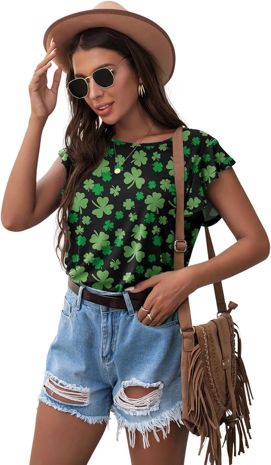 PrinStory Women's Tops Summer Casual Ruffle Short Sleeves Knit Shirts Round Neck Tunic Top For Women 2024 Fashion Trend