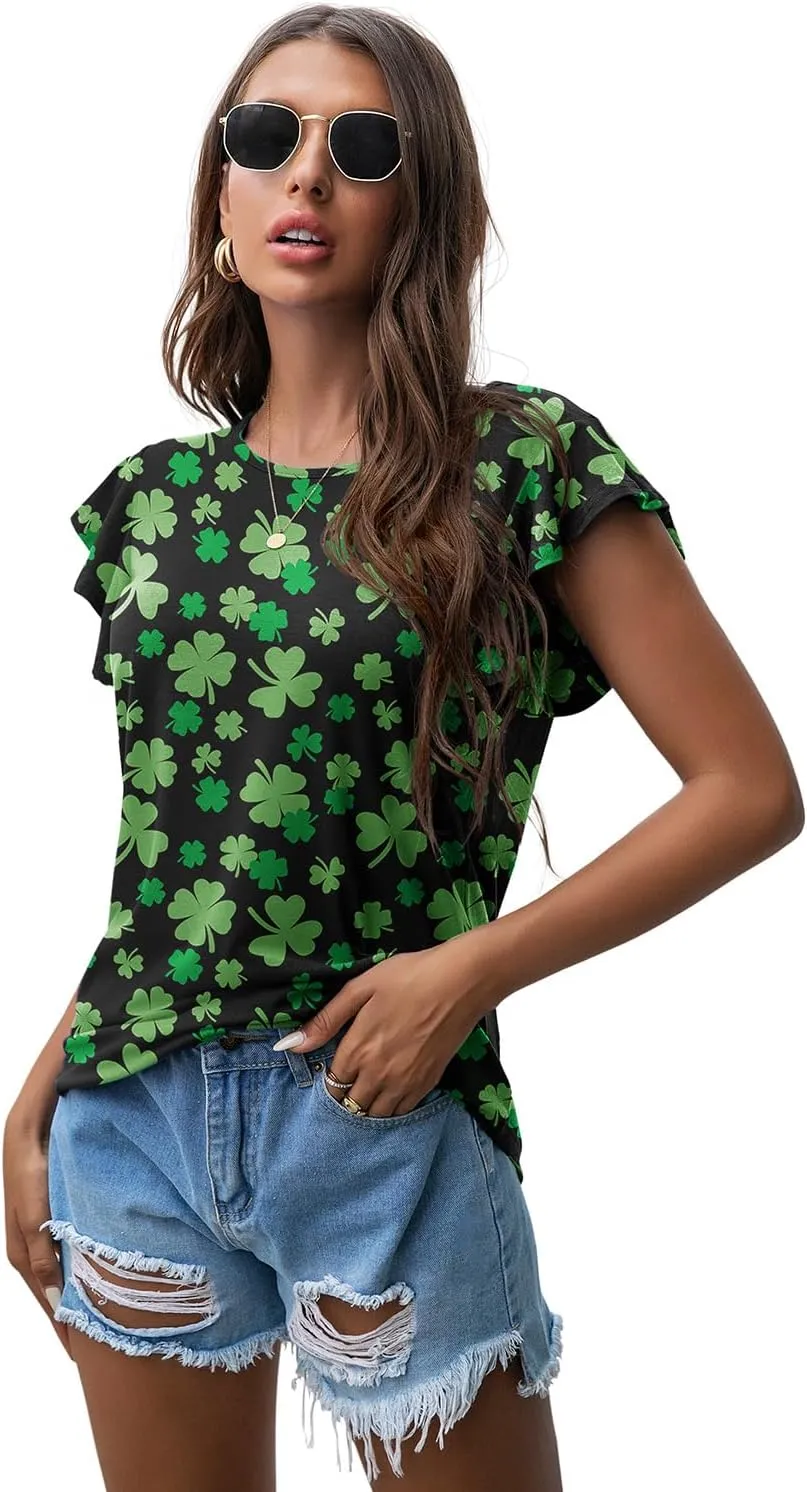 PrinStory Women's Tops Summer Casual Ruffle Short Sleeves Knit Shirts Round Neck Tunic Top For Women 2024 Fashion Trend