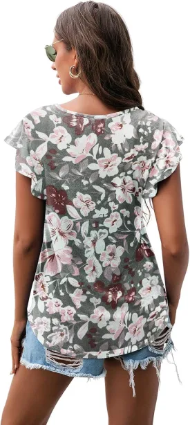 PrinStory Women's Tops Summer Casual Ruffle Short Sleeves Knit Shirts Round Neck Tunic Top For Women 2024 Fashion Trend