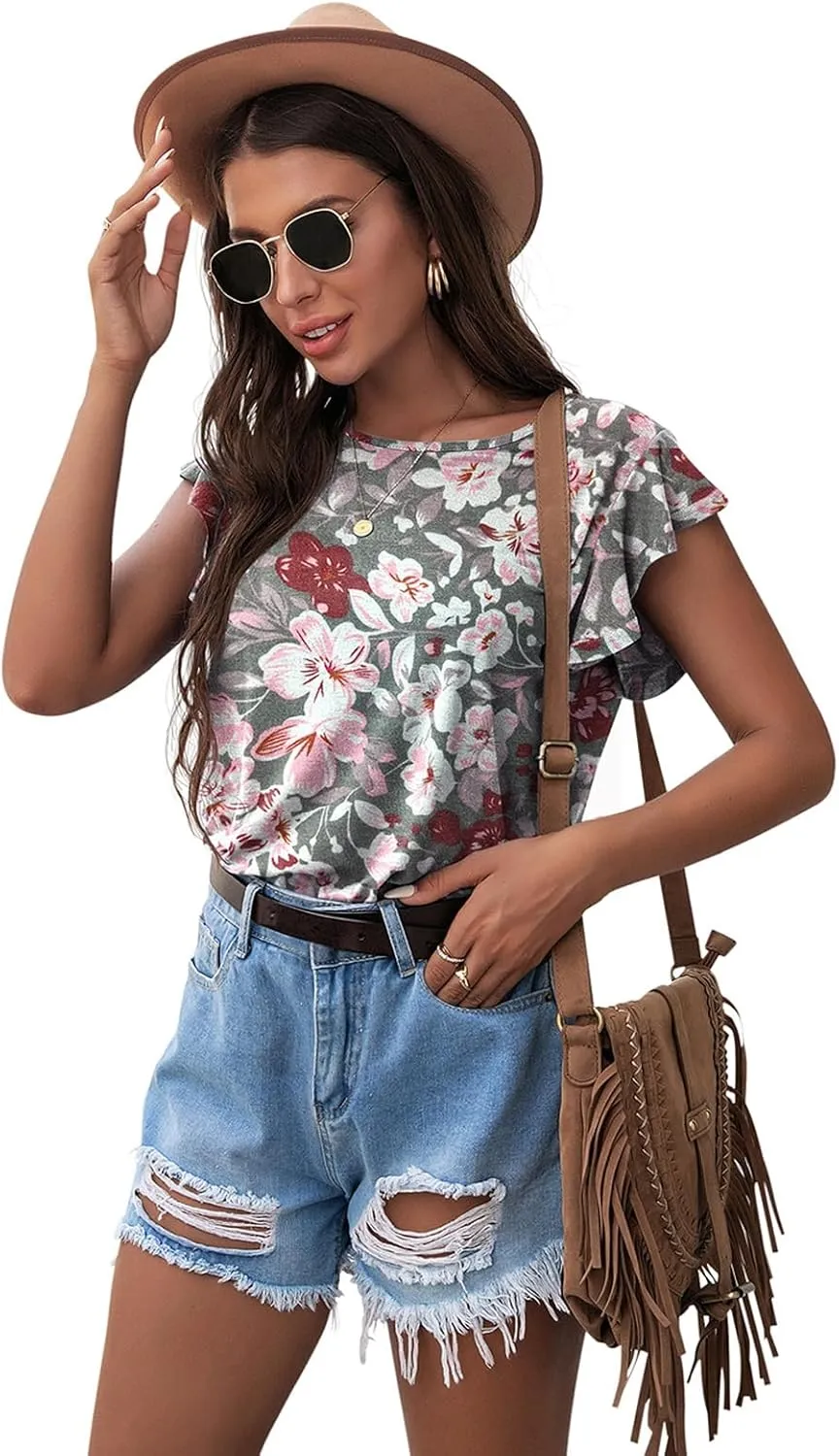 PrinStory Women's Tops Summer Casual Ruffle Short Sleeves Knit Shirts Round Neck Tunic Top For Women 2024 Fashion Trend