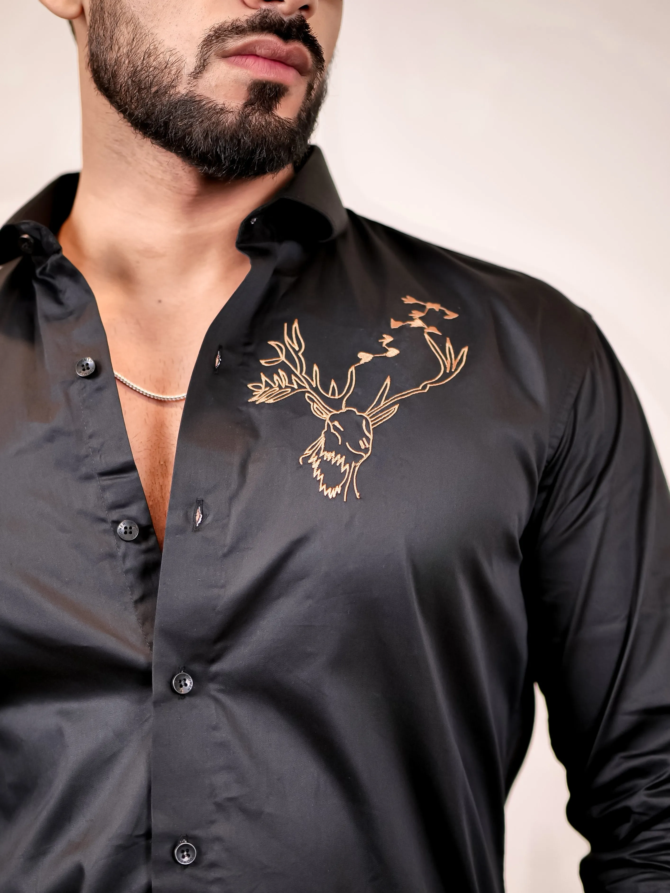 Reindeer Embroidered Black Luxury Cotton Shirt
