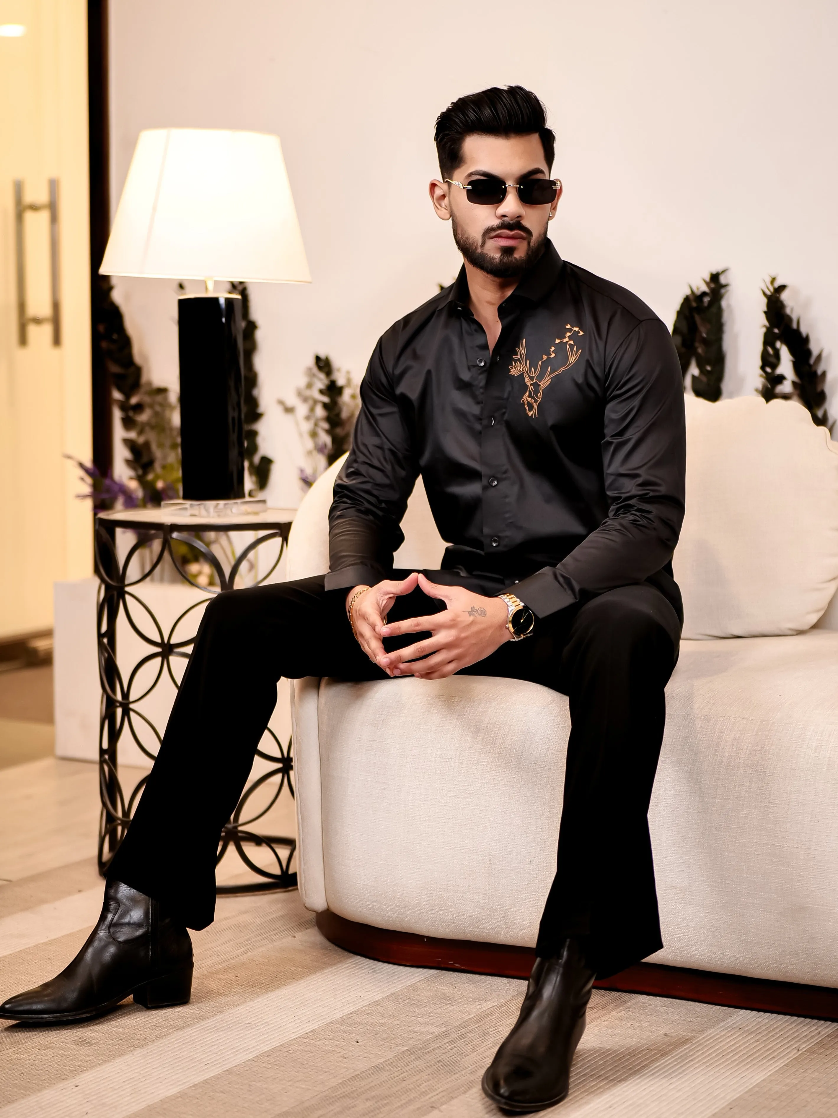 Reindeer Embroidered Black Luxury Cotton Shirt