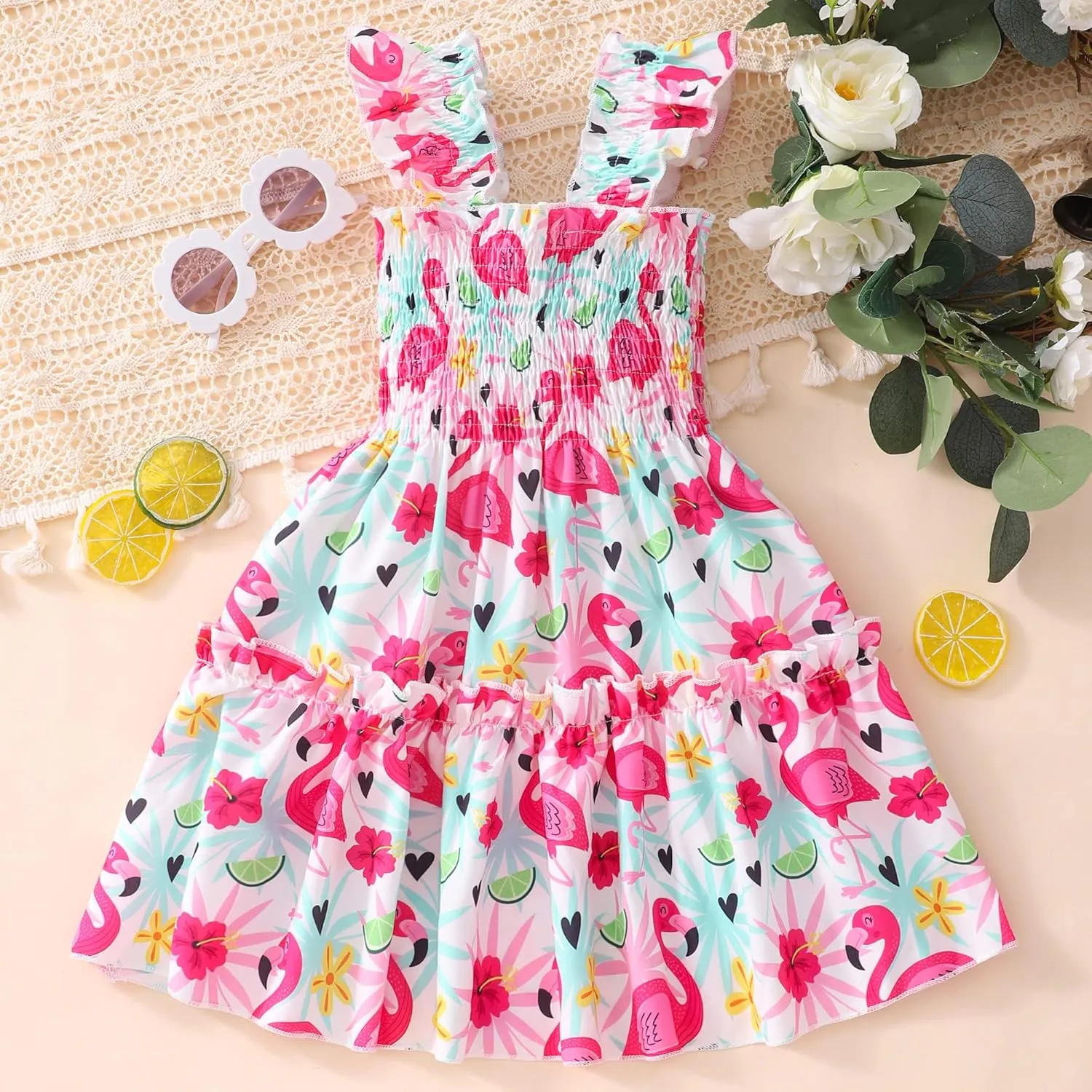 RETSUGO Little Girls Dresses Flutter Sleeve Casual Birthday Party Dress Toddler Kids Swing Twirly Summer Sundress 1-8 Years