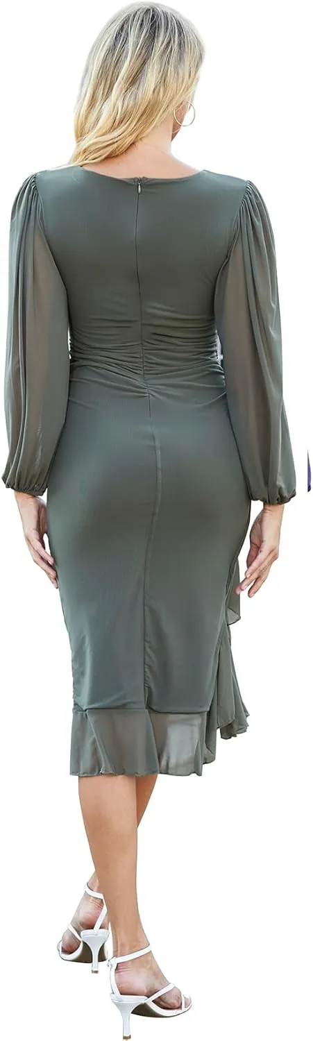 Ruched Bodycon Dress for Women Long Sleeve Midi Wedding Guest Dress Cocktail Party