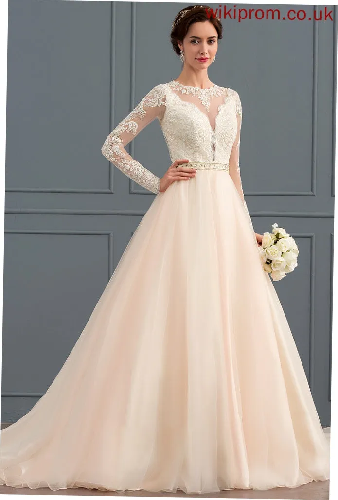 Scoop Tulle Dress With Chapel Beading Ball-Gown/Princess Train Wedding Stacy Wedding Dresses Neck