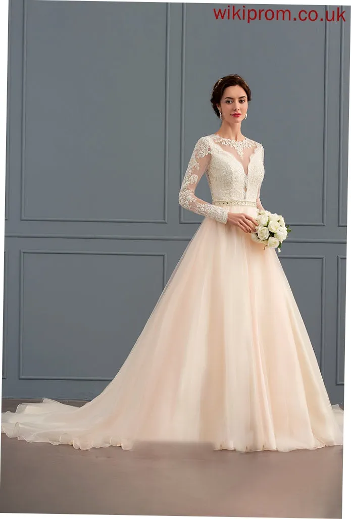 Scoop Tulle Dress With Chapel Beading Ball-Gown/Princess Train Wedding Stacy Wedding Dresses Neck