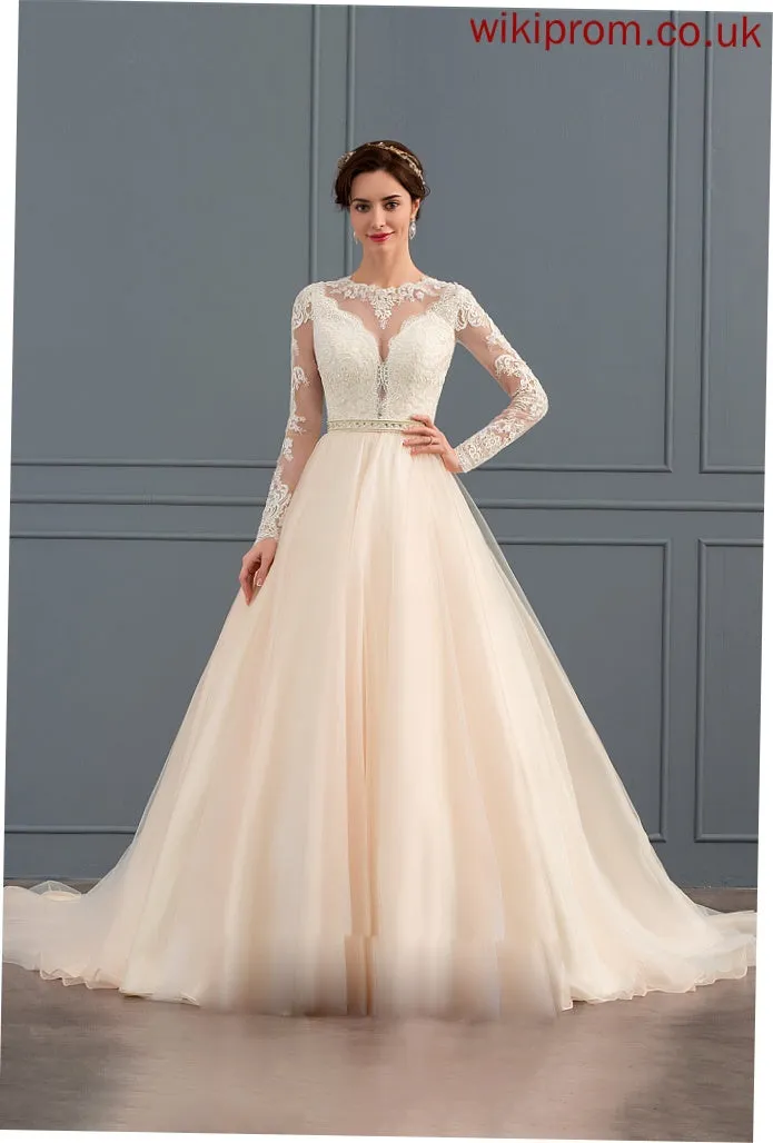 Scoop Tulle Dress With Chapel Beading Ball-Gown/Princess Train Wedding Stacy Wedding Dresses Neck