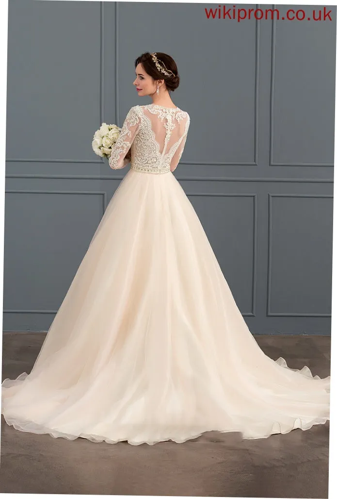 Scoop Tulle Dress With Chapel Beading Ball-Gown/Princess Train Wedding Stacy Wedding Dresses Neck