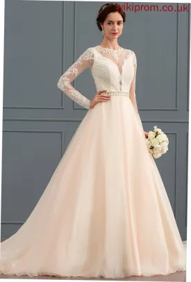 Scoop Tulle Dress With Chapel Beading Ball-Gown/Princess Train Wedding Stacy Wedding Dresses Neck
