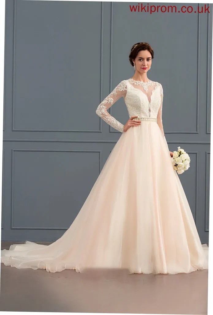 Scoop Tulle Dress With Chapel Beading Ball-Gown/Princess Train Wedding Stacy Wedding Dresses Neck