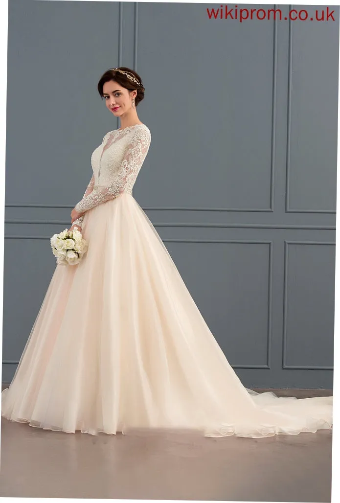 Scoop Tulle Dress With Chapel Beading Ball-Gown/Princess Train Wedding Stacy Wedding Dresses Neck