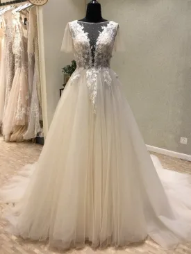 Sexy See Through Floral Tulle Deep V Neck Lace Top  Ball Gown Wedding Dress