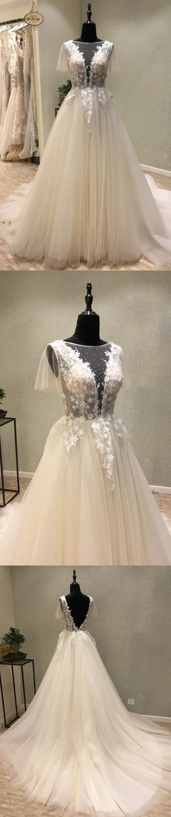 Sexy See Through Floral Tulle Deep V Neck Lace Top  Ball Gown Wedding Dress
