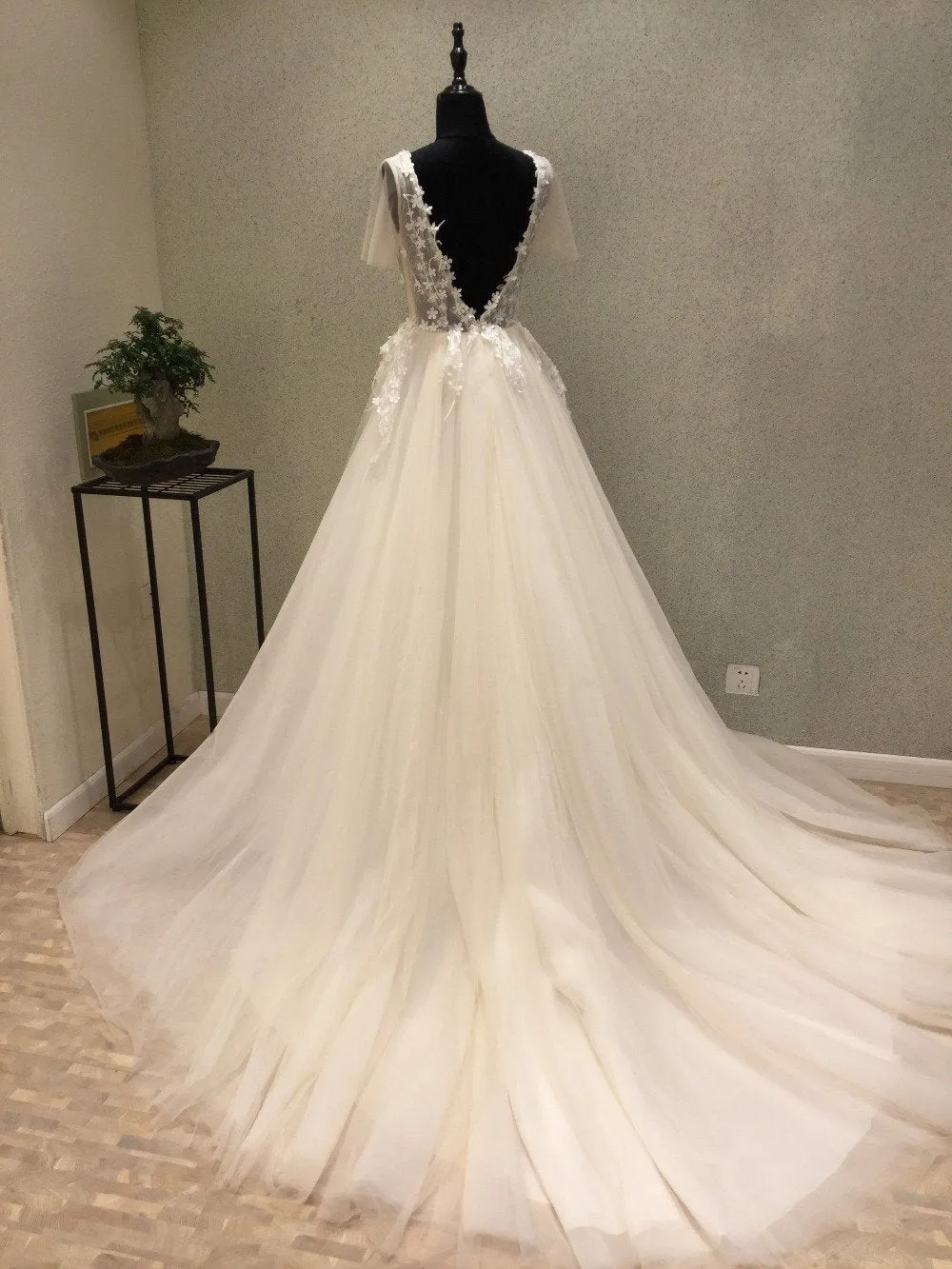 Sexy See Through Floral Tulle Deep V Neck Lace Top  Ball Gown Wedding Dress