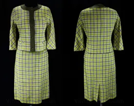 Size 10 Linen Suit - Chic 1960s Yellow & Mocha Spring Plaid Jacket with Skirt - Beautiful Tailoring - 60s Designer David Crystal - Waist 28