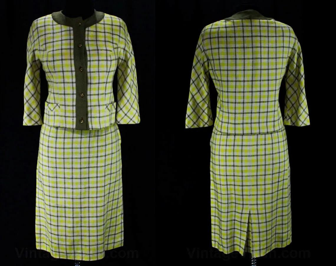 Size 10 Linen Suit - Chic 1960s Yellow & Mocha Spring Plaid Jacket with Skirt - Beautiful Tailoring - 60s Designer David Crystal - Waist 28