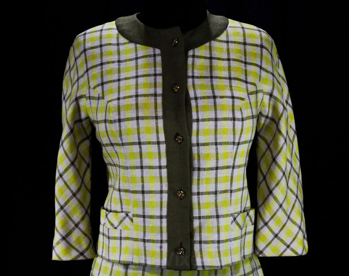 Size 10 Linen Suit - Chic 1960s Yellow & Mocha Spring Plaid Jacket with Skirt - Beautiful Tailoring - 60s Designer David Crystal - Waist 28
