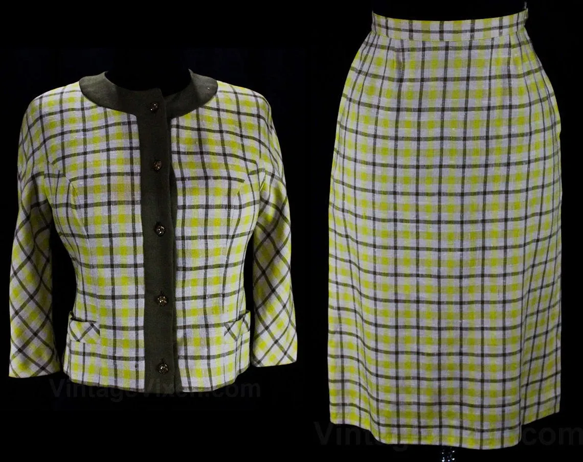 Size 10 Linen Suit - Chic 1960s Yellow & Mocha Spring Plaid Jacket with Skirt - Beautiful Tailoring - 60s Designer David Crystal - Waist 28